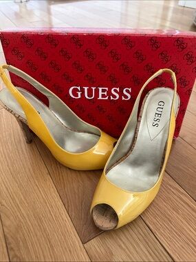 GUESS Yellow Patent Peep-Toe Slingback Heels